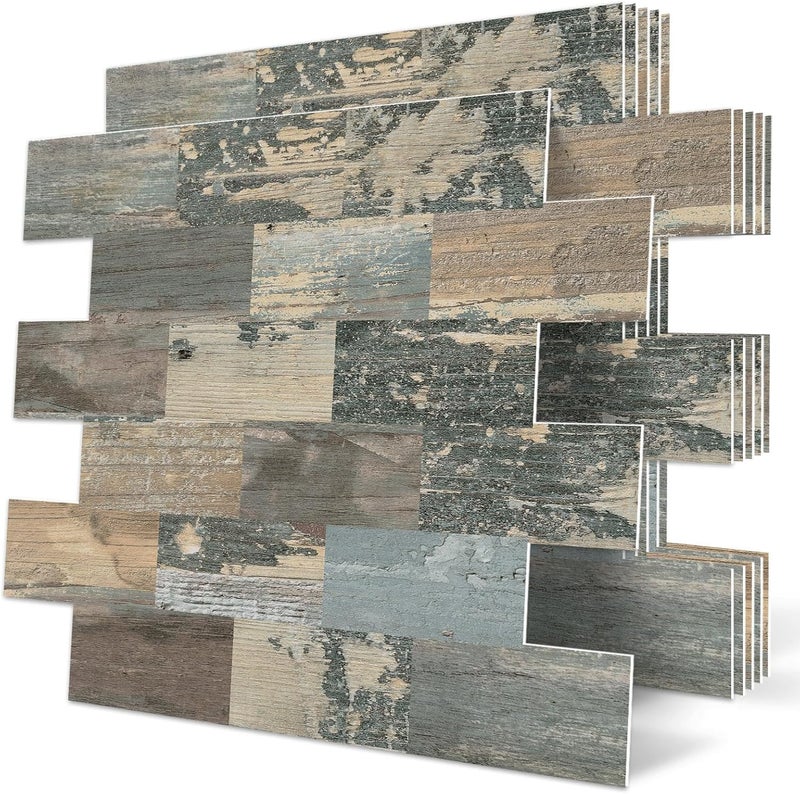 DEWOO 20-Sheet Peel and Stick Self Adhesive Wall Tiles Kitchen Backsplash Distressed Wood Look,Vintage Old Fashion (13.5" x 11.4") - Image 1